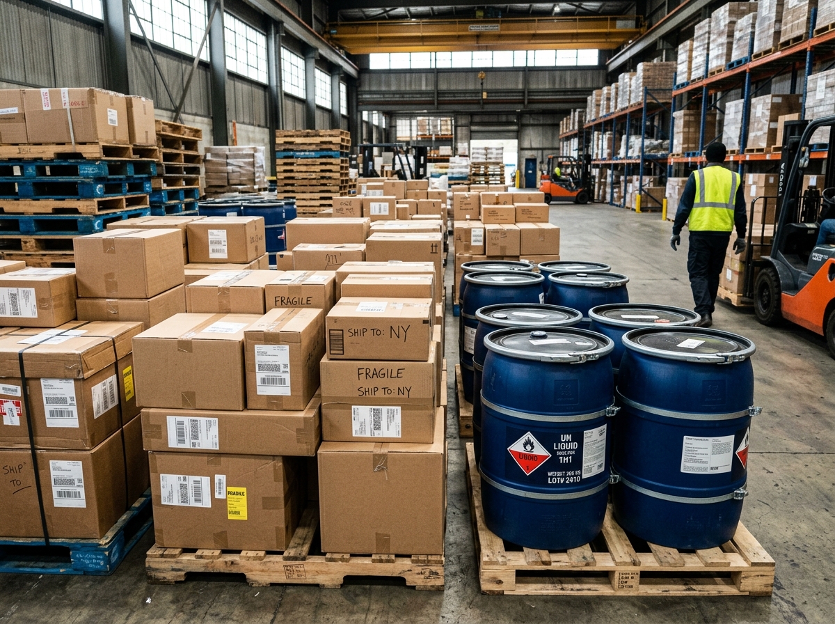 Palets de cajas de cartón y tanques azules de 55 galones preparados en almacén logístico