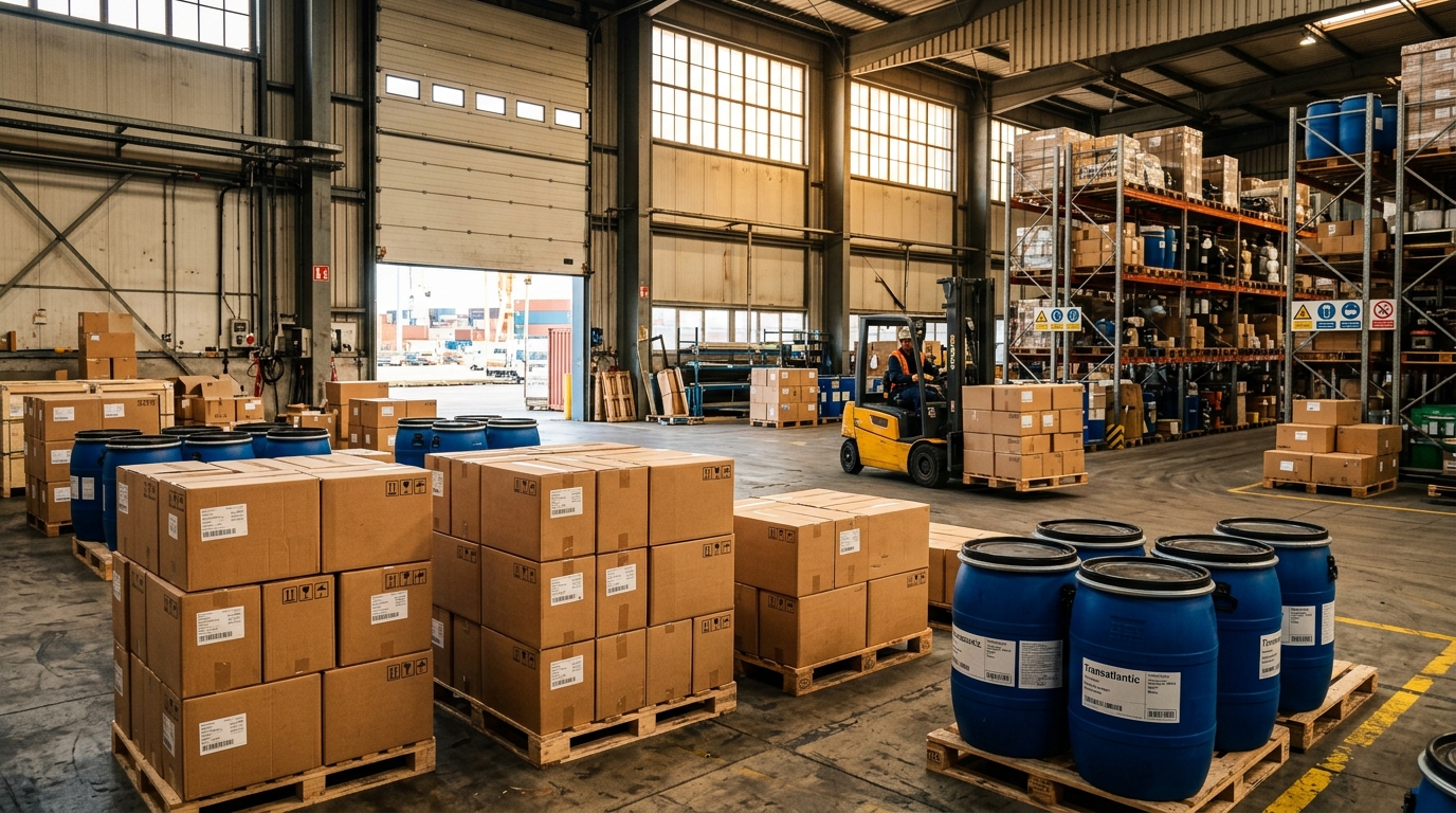 Preparación y consolidación de cajas y tanques en almacén logístico para transporte marítimo