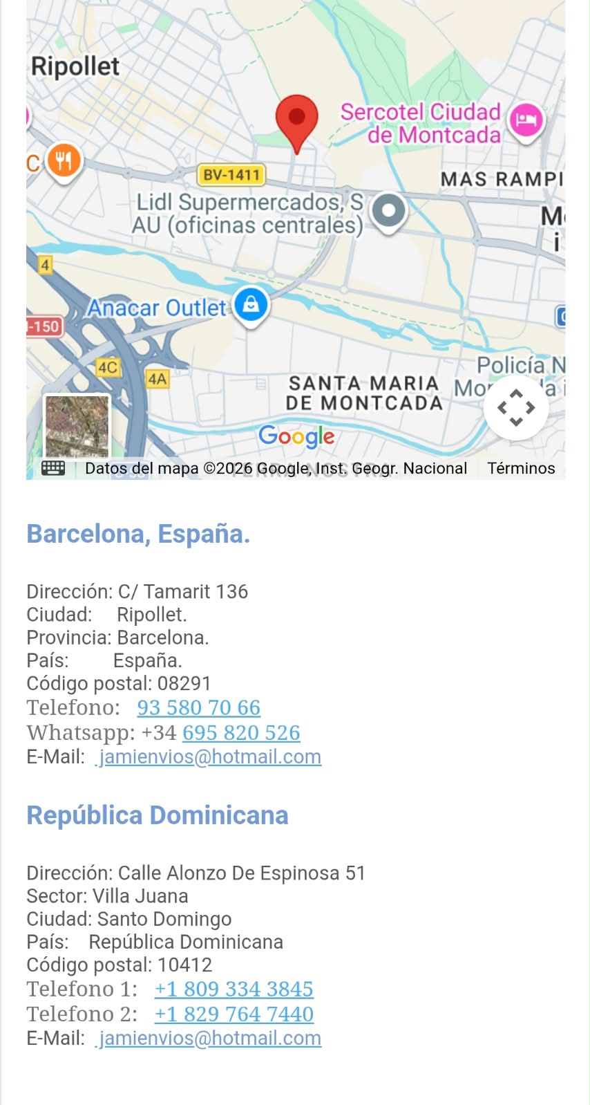 Mapa de localización oficial de JAMI Envíos en Ripollet Barcelona y datos de contacto en España y República Dominicana